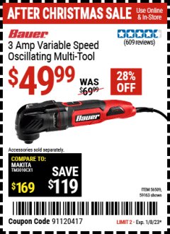 Harbor Freight Coupon BAUER 3 AMP VARIABLE SPEED OSCILLATING MULTI-TOOL Lot No. 56509 Expired: 1/8/23 - $49.99