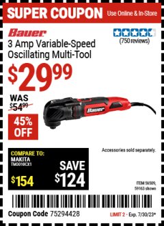 Harbor Freight Coupon BAUER 3 AMP VARIABLE SPEED OSCILLATING MULTI-TOOL Lot No. 56509 Expired: 7/30/23 - $29.99