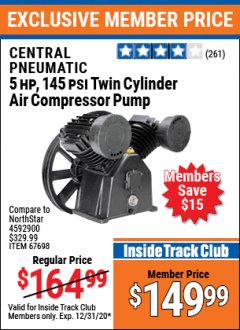 Harbor Freight ITC Coupon CENTRAL PHEUMATIC 5HP, 145 PSI TWIN CYLINDER AIR COMPRESSOR PUMP Lot No. 67698 Expired: 12/31/20 - $149.99