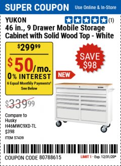 Harbor Freight Coupon YUKON 46 IN 9 DRAWER MOBILE STORAGE CABINET WITH SOLID WOOD TOP Lot No. 57440 Expired: 12/31/20 - $299.99