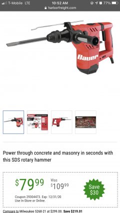 Harbor Freight Coupon BAUER 1-1/8 IN. SDS VARIABLE SPEED PRO ROTARY HAMMER KIT Lot No. 64288, 64287 Expired: 1/31/21 - $79.99