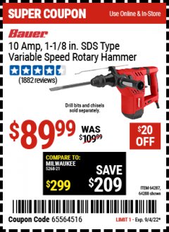 Harbor Freight Coupon BAUER 1-1/8 IN. SDS VARIABLE SPEED PRO ROTARY HAMMER KIT Lot No. 64288, 64287 Expired: 9/4/22 - $89.99