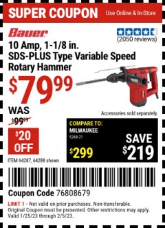 Harbor Freight Coupon BAUER 1-1/8 IN. SDS VARIABLE SPEED PRO ROTARY HAMMER KIT Lot No. 64288, 64287 Valid: 1/25/23 2/5/23 - $79.99