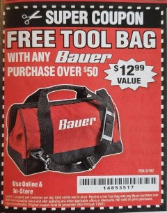 Harbor Freight FREE Coupon BAUER 16" TOOL BAG WITH 6 POCKETS Lot No. 57487 Expired: 1/29/21 - FWP