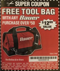 Harbor Freight FREE Coupon BAUER 16" TOOL BAG WITH 6 POCKETS Lot No. 57487 Expired: 2/23/21 - FWP