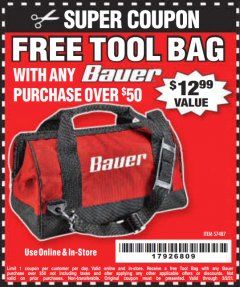 Harbor Freight FREE Coupon BAUER 16" TOOL BAG WITH 6 POCKETS Lot No. 57487 Expired: 3/2/21 - FWP