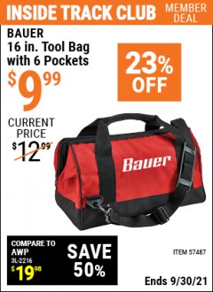 Harbor Freight ITC Coupon BAUER 16" TOOL BAG WITH 6 POCKETS Lot No. 57487 Expired: 9/30/21 - $9.99