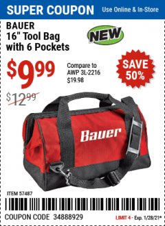 Harbor Freight Coupon BAUER 16" TOOL BAG WITH 6 POCKETS Lot No. 57487 Expired: 1/28/21 - $9.99