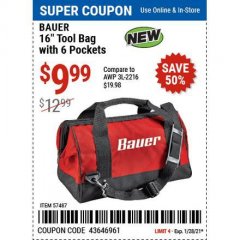Harbor Freight Coupon BAUER 16" TOOL BAG WITH 6 POCKETS Lot No. 57487 Expired: 1/29/21 - $9.99