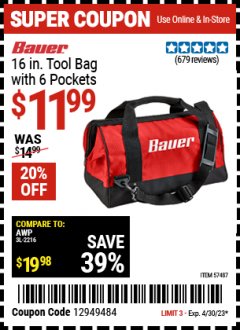 Harbor Freight Coupon BAUER 16" TOOL BAG WITH 6 POCKETS Lot No. 57487 Expired: 4/30/23 - $11.99