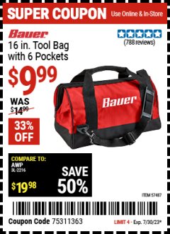 Harbor Freight Coupon BAUER 16" TOOL BAG WITH 6 POCKETS Lot No. 57487 Expired: 7/30/23 - $9.99