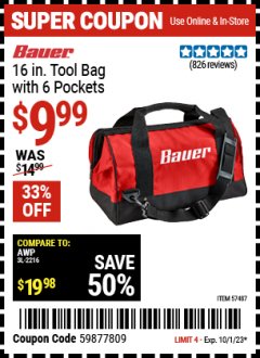 Harbor Freight Coupon BAUER 16" TOOL BAG WITH 6 POCKETS Lot No. 57487 Expired: 10/1/23 - $9.99
