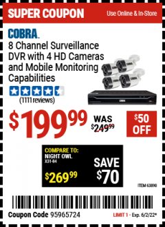 Harbor Freight Coupon COBRA 8 CHANNEL SURVEILLANCE DVD WITH 4 HD CAMERAS AND MOBILE MONITORING CAPABILITIES Lot No. 63890 EXPIRES: 6/2/22 - $199.99