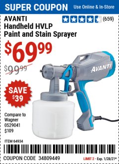 Harbor Freight Coupon AVANTI HANDHELD HVLP PAINT AND STAIN SPRAYER Lot No. 64934 Expired: 1/28/21 - $69.99
