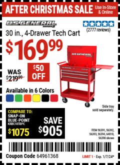 Harbor Freight Coupon U.S. GENERAL 30 IN., 4 DRAWER TECH CART Lot No. 56391/56390/64818/56392/56393/56394 Expired: 1/7/24 - $169.99