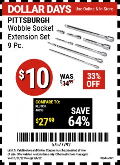 Harbor Freight Coupon PITTSBURGH WOBBLE SOCKETC EXTENSION SET, 9 PC. Lot No. 61278/67971 Expired: 2/6/22 - $10