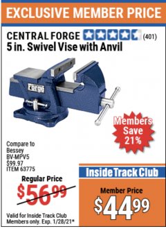 Harbor Freight ITC Coupon CENTRAL FORGE 5" SWIVEL VICE WITH ANVIL Lot No. 63775 Expired: 1/28/21 - $44.99