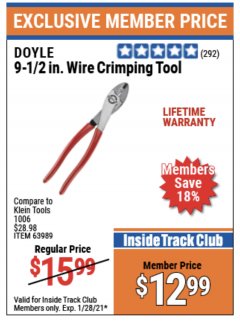 Harbor Freight ITC Coupon DOYLE 9 1/2" WIRE CRIMPING TOOL Lot No. 63989 Expired: 1/28/21 - $12.99