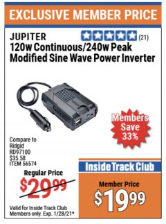 Harbor Freight ITC Coupon JUPITER 120W CONTINUOUS / 240W PEAK MODIFIED SINE WAVE POWER INVERTER Lot No. 56574 Expired: 1/28/21 - $19.99