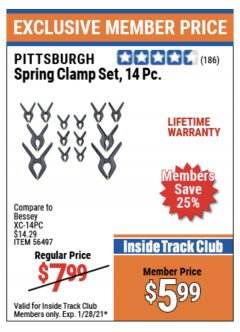 Harbor Freight ITC Coupon PITTSBURG SPRING CLAMP SET, 14PC Lot No. 56497 Expired: 1/28/21 - $5.99