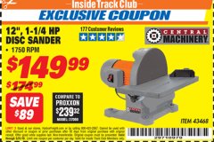 Harbor Freight ITC Coupon 12" DIRECT DRIVE BENCH TOP DISC SANDER Lot No. 43468 Expired: 3/31/19 - $149.99