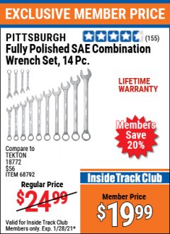 Harbor Freight ITC Coupon FULLY POLISHED SAE COMBINATION WRENCH SET, 14 PC Lot No. 68792 Expired: 1/28/21 - $19.99