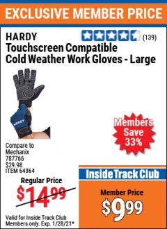 Harbor Freight ITC Coupon TOUCHSCREEN COMPATIBLE COLD WEATHER WORK GLOVES - LARGE Lot No. 64364 Expired: 1/28/21 - $9.99