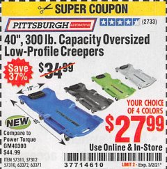 Harbor Freight Coupon 40 IN., 300LB. CAPACITY LOW-PROFILE CREEPERS Lot No. 57311 57312 57310 63372 63371 Expired: 3/2/21 - $27.99