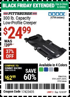 Harbor Freight Coupon 40 IN., 300LB. CAPACITY LOW-PROFILE CREEPERS Lot No. 57311 57312 57310 63372 63371 Expired: 12/3/23 - $24.99