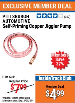 Harbor Freight ITC Coupon PITTSBURGH AUTOMOTIVE SELF-PRIMING COPPER JIGGLER PUMP Lot No. 47334 Expired: 2/25/21 - $4.99