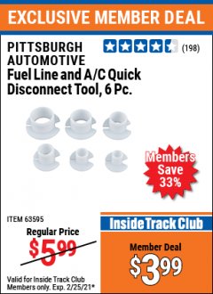 Harbor Freight ITC Coupon PITTSBURGH AUTOMOTIVE FUEL LINE AND A/C QUICK DISCONNECT TOOL, 6 PC. Lot No. 63595 Expired: 2/25/21 - $3.99