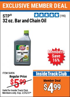 Harbor Freight ITC Coupon STP BAR AND CHAIN OIL Lot No. 56836 Expired: 2/25/21 - $4.99
