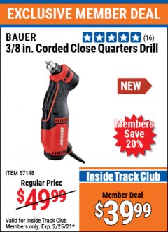 Harbor Freight ITC Coupon BAUER 3/8" CORDED CLOSE QUARTERS DRILL Lot No. 57148 Expired: 2/25/21 - $39.99
