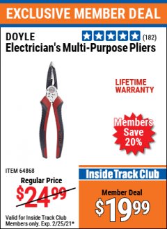 Harbor Freight ITC Coupon DOYLE ELECTRICIANS MULTI-PURPOSE PLIERS Lot No. 64868 Expired: 2/25/21 - $19.99