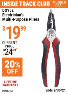 Harbor Freight ITC Coupon DOYLE ELECTRICIANS MULTI-PURPOSE PLIERS Lot No. 64868 Expired: 9/30/21 - $19.99