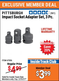 Harbor Freight ITC Coupon PITTSBURGH IMPACT SOCKET ADAPTER SET, 3PC. Lot No. 67936 Expired: 2/25/21 - $3.99