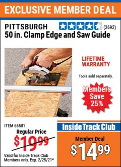 Harbor Freight ITC Coupon PITTSBURGH 50IN. CLAMP EDGE AND SAW GUIDE Lot No. 66581 Expired: 2/25/21 - $14.99