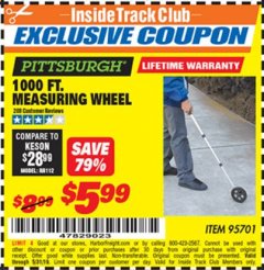 Harbor Freight ITC Coupon 1000 FT. MEASURING WHEEL Lot No. 95701 Expired: 5/31/19 - $5.99