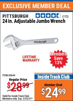 Harbor Freight ITC Coupon PITTSBURGH 24IN. ADJUSTABLE JUMBO WRENCH Lot No. 63644 Expired: 2/25/21 - $24.99