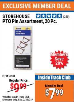 Harbor Freight ITC Coupon STOREHOUSE PTO PIN ASSORTMENT, 20PC. Lot No. 67534 Expired: 2/25/21 - $7.99