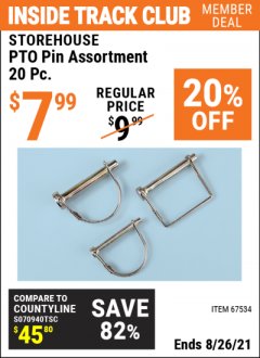 Harbor Freight ITC Coupon STOREHOUSE PTO PIN ASSORTMENT, 20PC. Lot No. 67534 Expired: 8/26/21 - $7.99