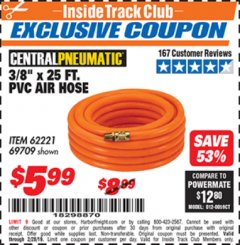 Harbor Freight ITC Coupon 3/8" x 25 FT. PVC AIR HOSE Lot No. 69709/61977/62221 Expired: 2/28/19 - $5.99