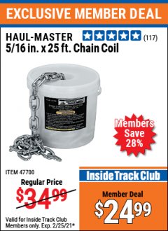 Harbor Freight ITC Coupon HAUL-MASTER 5/16 IN. X 25 FT. CHAIN COIL Lot No. 47700 Expired: 2/25/21 - $24.99