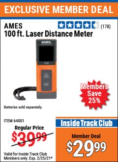 Harbor Freight ITC Coupon AMES 100 FT. LASER DISTANCE METER Lot No. 64001 Expired: 2/25/21 - $29.99