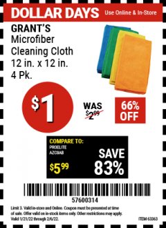 Harbor Freight Coupon 12" X 12" MICROFIBER CLEANING CLOTHS PACK OF 4 Lot No. 63358/63925/63363 Valid: 1/21/22 2/6/22 - $1