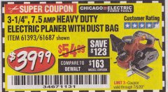 Harbor Freight Coupon 3-1/4" HEAVY DUTY ELECTRIC PLANER WITH DUST BAG Lot No. 61393/95838/61687 Expired: 7/5/20 - $39.99