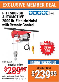 Harbor Freight ITC Coupon PITTSBURGH AUTOMOTIVE 2000 LB. ELECTRIC HOIST WITH REMOTE CONTROL Lot No. 62770 Expired: 3/25/21 - $239.99