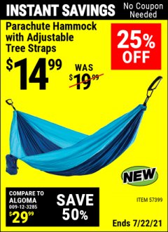 Harbor Freight Coupon PARACHUTE HAMMOCK WITH ADJUSTABLE TREE STRAPS Lot No. 57399 Expired: 7/22/21 - $14.99