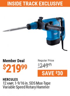 Harbor Freight ITC Coupon 12 AMP 1-9/16 IN. SDS MAX-TYPE VARIABLE SPEED ROTARY HAMMER Lot No. 56844 Expired: 5/31/21 - $219.99