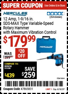 Harbor Freight Coupon 12 AMP 1-9/16 IN. SDS MAX-TYPE VARIABLE SPEED ROTARY HAMMER Lot No. 56844 Expired: 6/18/23 - $179.99